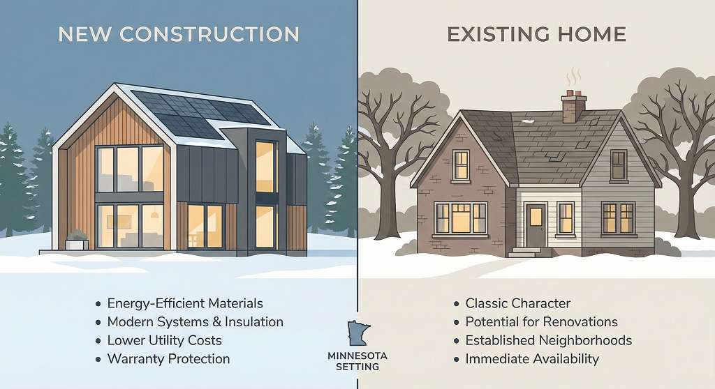 Cost comparison of building a new house vs buying an existing home in Minnesota 2026