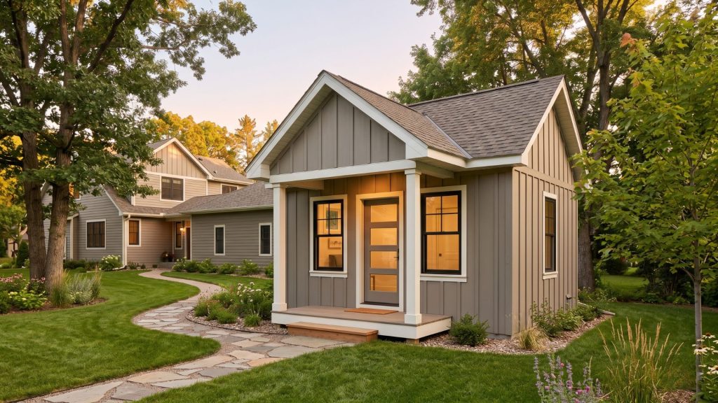 Detached ADU in the backyard of a multigenerational home showing separate small home with private entrance and covered porch