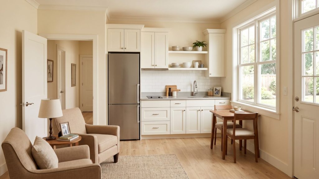 In-law suite interior living area in multigenerational home with kitchenette, living space, and accessible design features
