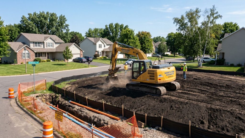 Excavator grading a residential lot for new home construction in Twin Cities Minnesota, site preparation before building a house