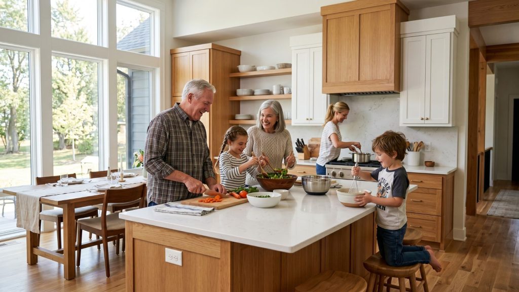 Three generations of family in multigenerational home kitchen and dining area, grandparents with adult children and grandchildren