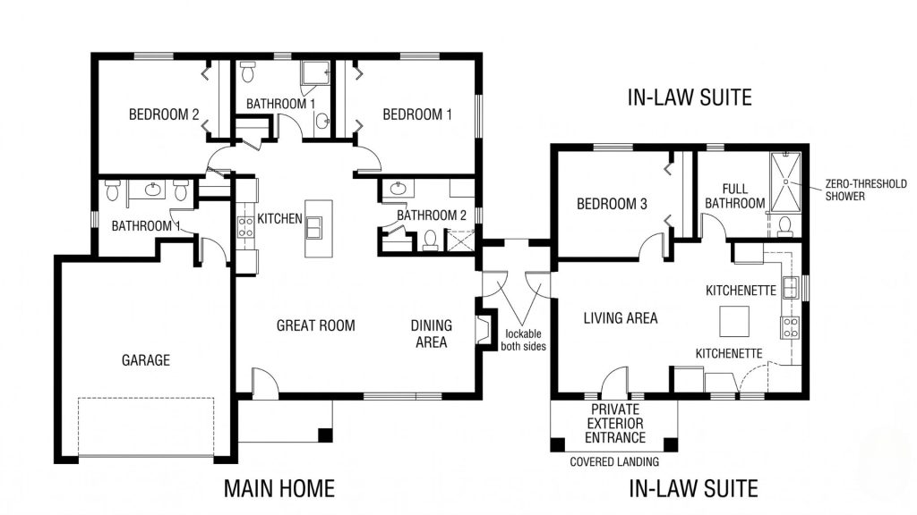 Multigenerational home floor plan diagram showing main home and attached in-law suite with private entrance, bedroom, bathroom, and kitchenette