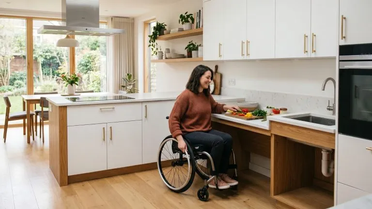 Wheelchair user moving independently through an accessible kitchen with lowered countertops and open knee clearance