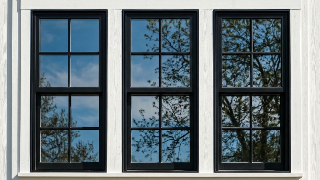 Black window frames farmhouse exterior white siding high contrast