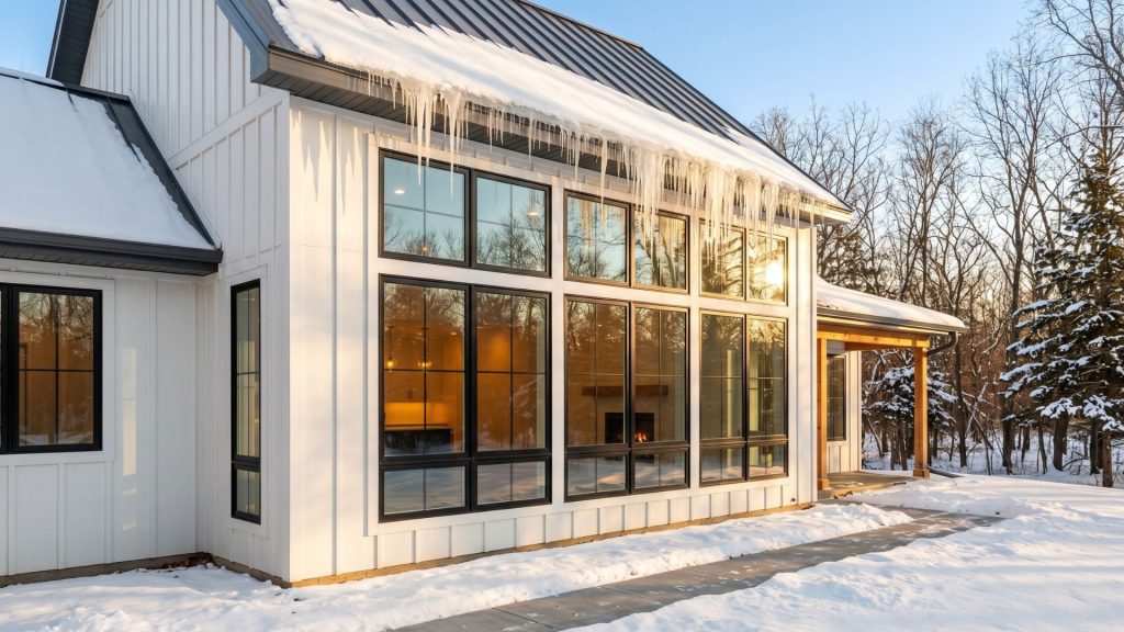 South facing black windows modern farmhouse winter passive solar heating