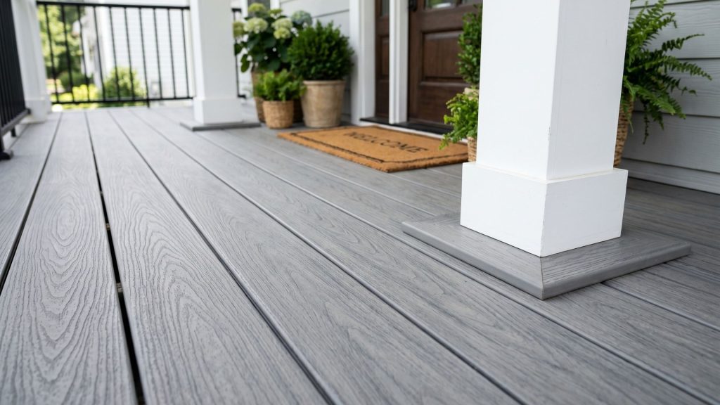 Composite decking porch floor gray modern farmhouse maintenance free