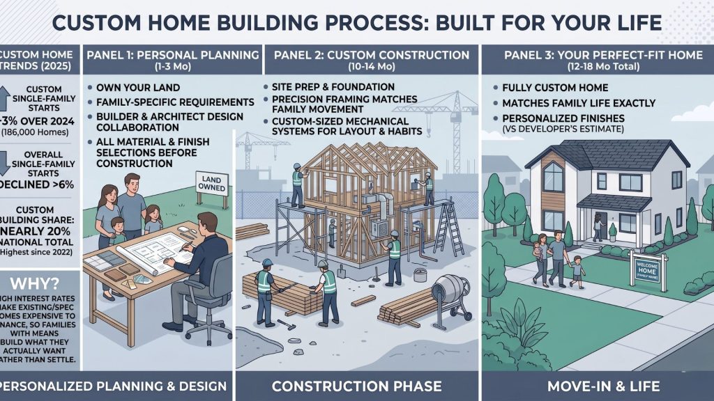 Infographic showing the three stages of custom home construction from customer-architect home designing to moving in