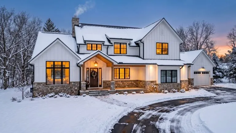 Custom home in Minneapolis Minnesota during winter with snow and warm lighting