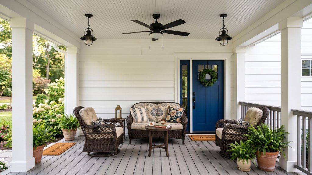 Deep front porch modern farmhouse 10 foot depth seating area furniture