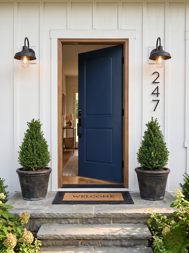 Modern farmhouse front entry navy blue door black hardware stone stoop