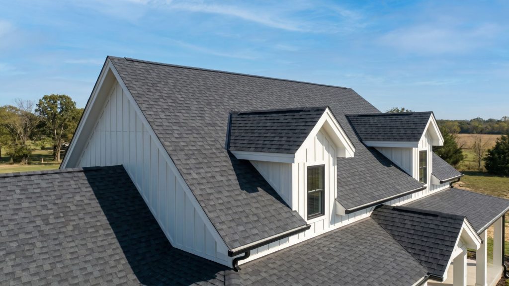 Gabled roofline dormers modern farmhouse architecture roofing detail Minnesota