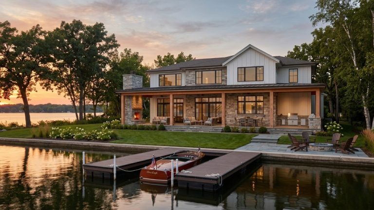 Luxury custom home exterior on Lake Minnetonka Minnesota at golden hour