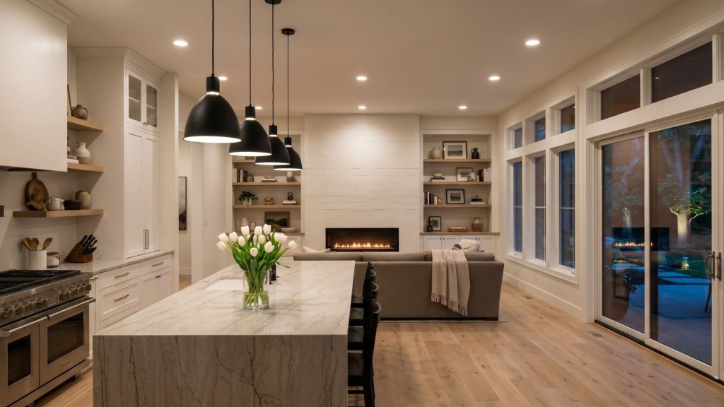 Luxury custom home great room interior with kitchen island and fireplace in Minnesota