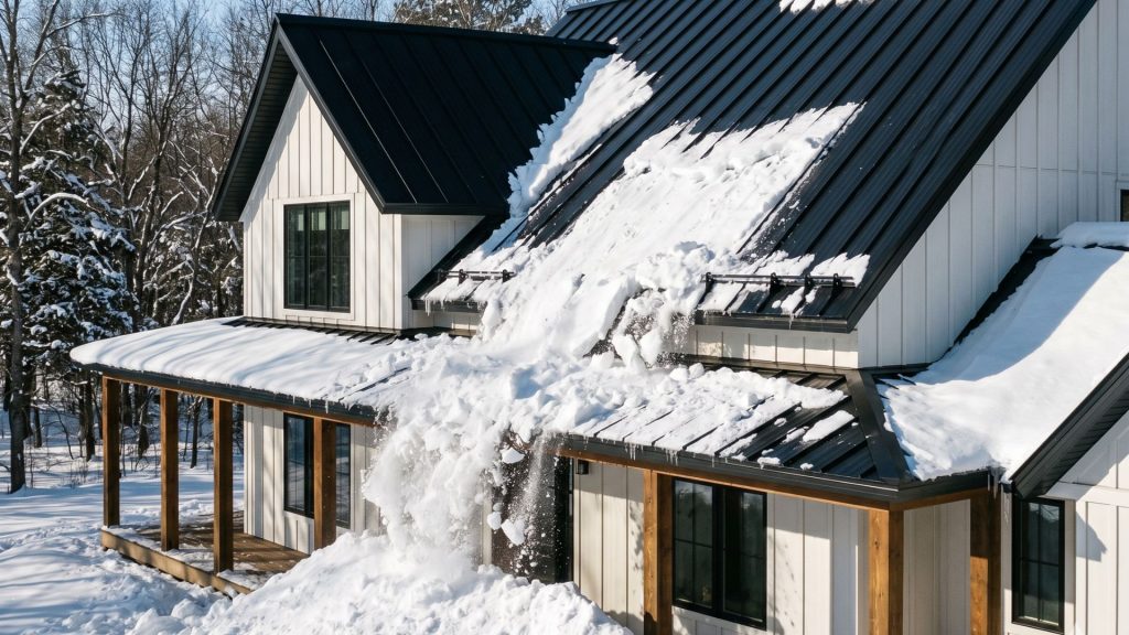 Metal roof snow shedding Minnesota modern farmhouse winter ice dam prevention