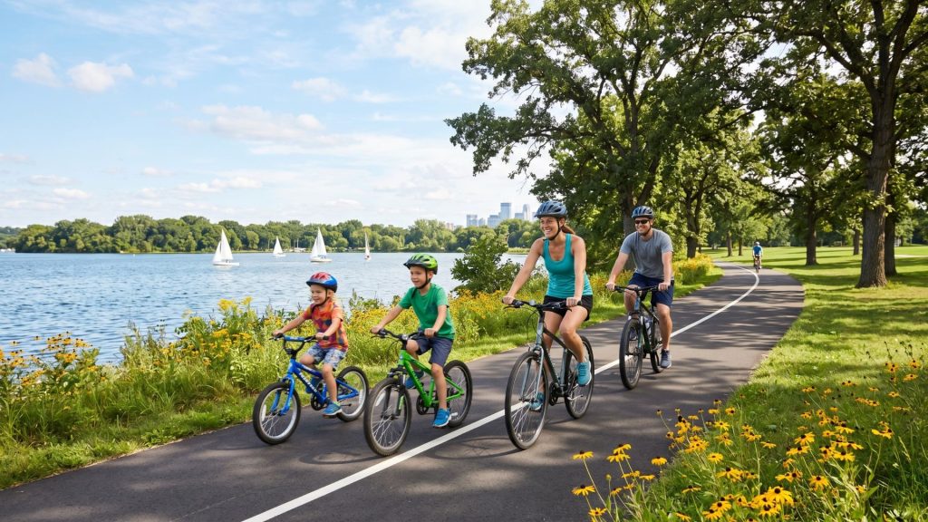 Family biking near Lake Harriet Minneapolis Minnesota summer activities