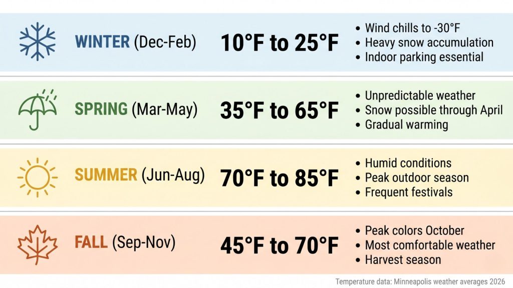 Minneapolis Minnesota seasonal weather guide with temperature ranges throughout the year