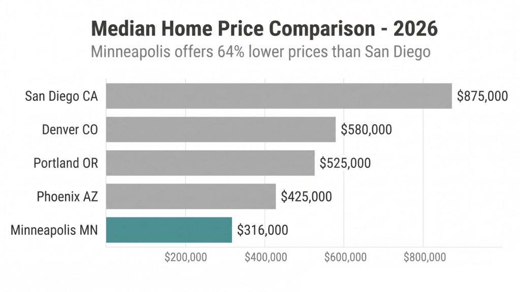 Chart comparing Minneapolis housing costs to major metro areas 2026