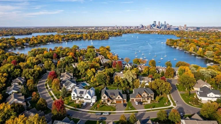 Aerial view of Minneapolis western suburbs showing custom homes and Lake Minnetonka area