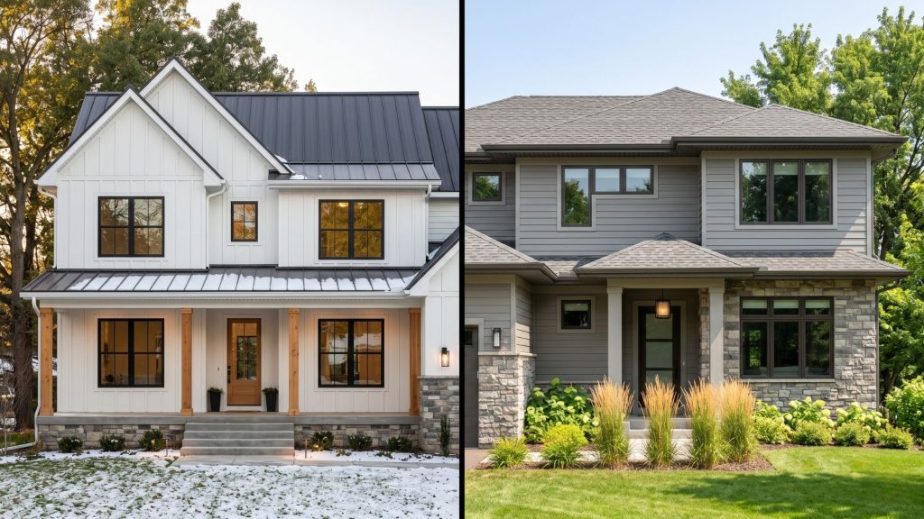 Modern farmhouse vs transitional luxury custom home styles Minnesota comparison