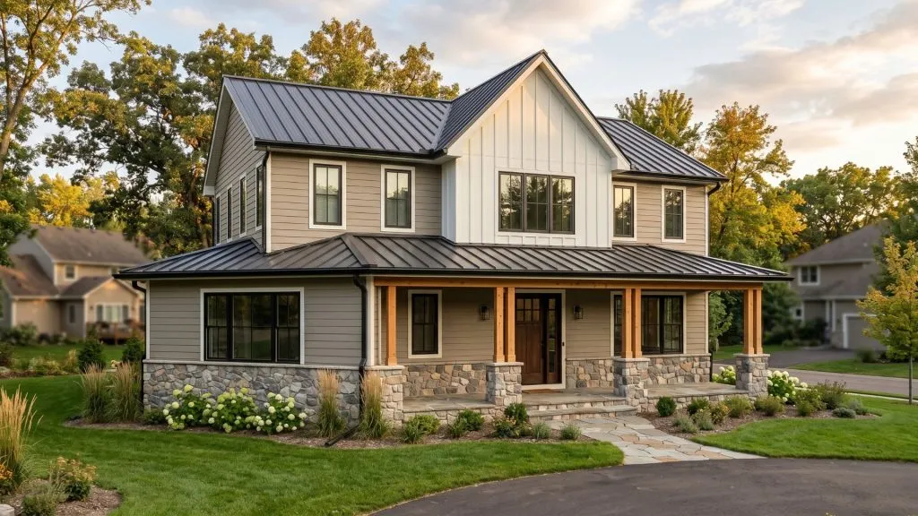 Mixed materials modern farmhouse stone foundation board batten metal roof