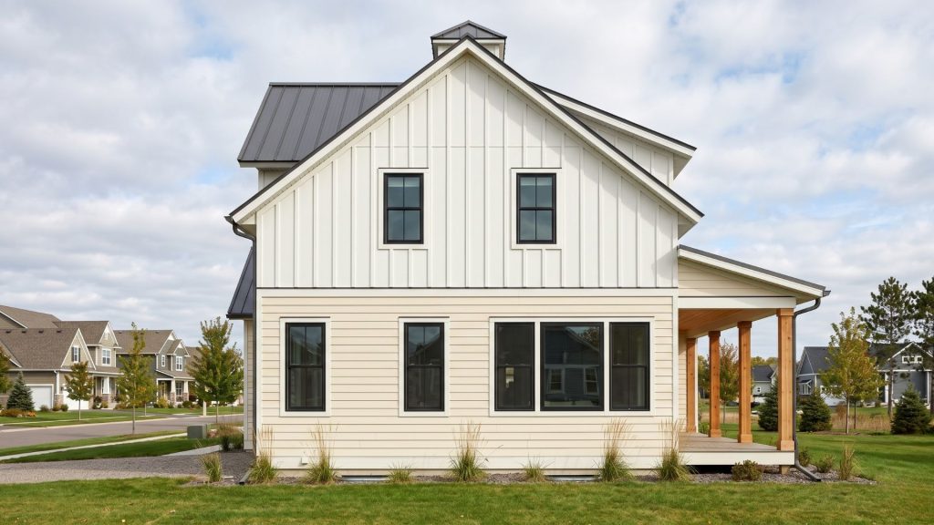 Mixed siding modern farmhouse board batten upper horizontal lap lower
