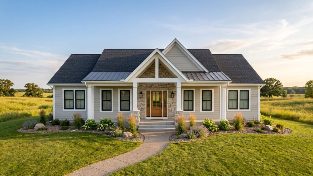 Greige modern farmhouse exterior warm neutral paint colors Minnesota