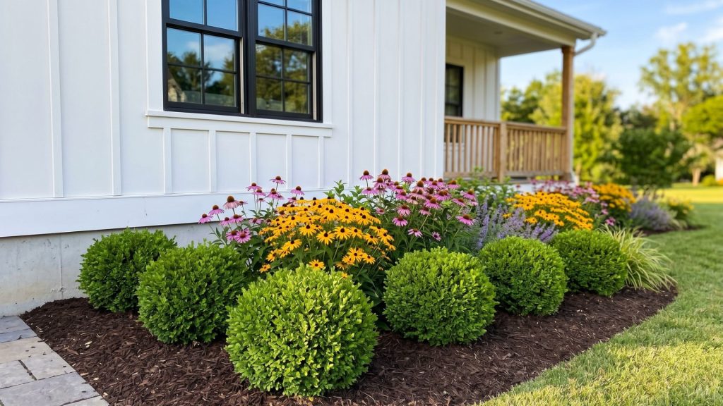 Modern farmhouse landscaping boxwood foundation plantings structured perennial borders