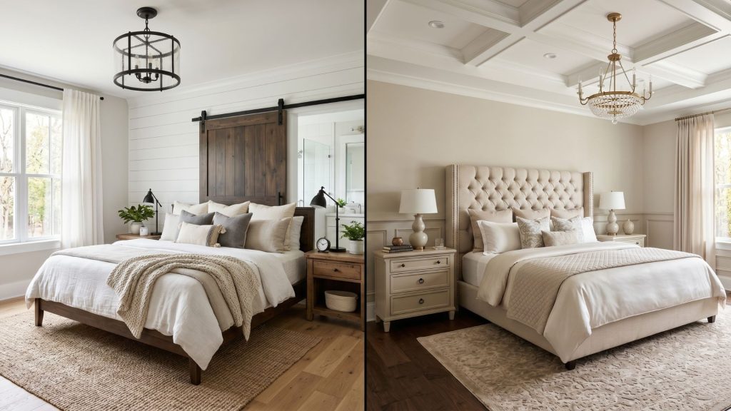 Modern farmhouse vs transitional bedroom side by side showing the difference in textures, materials, and finishes