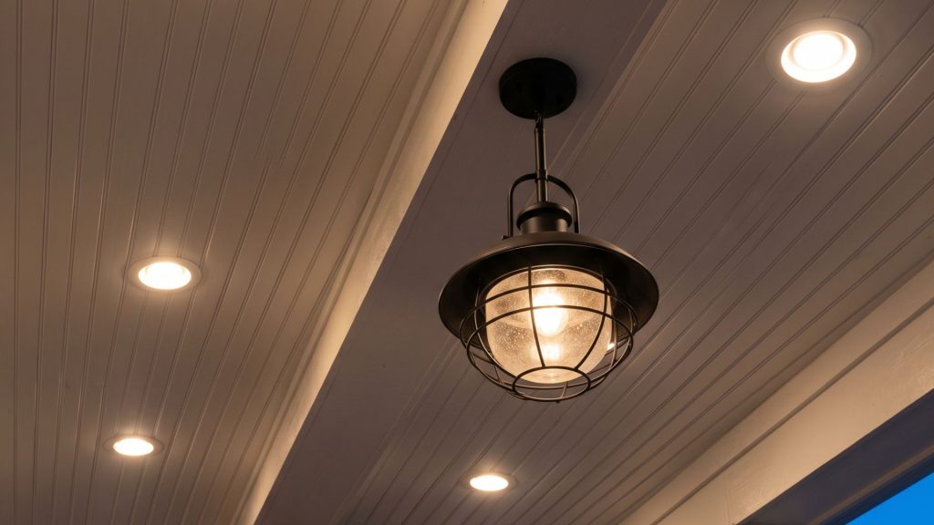 Porch ceiling white beadboard recessed LED lighting farmhouse pendant
