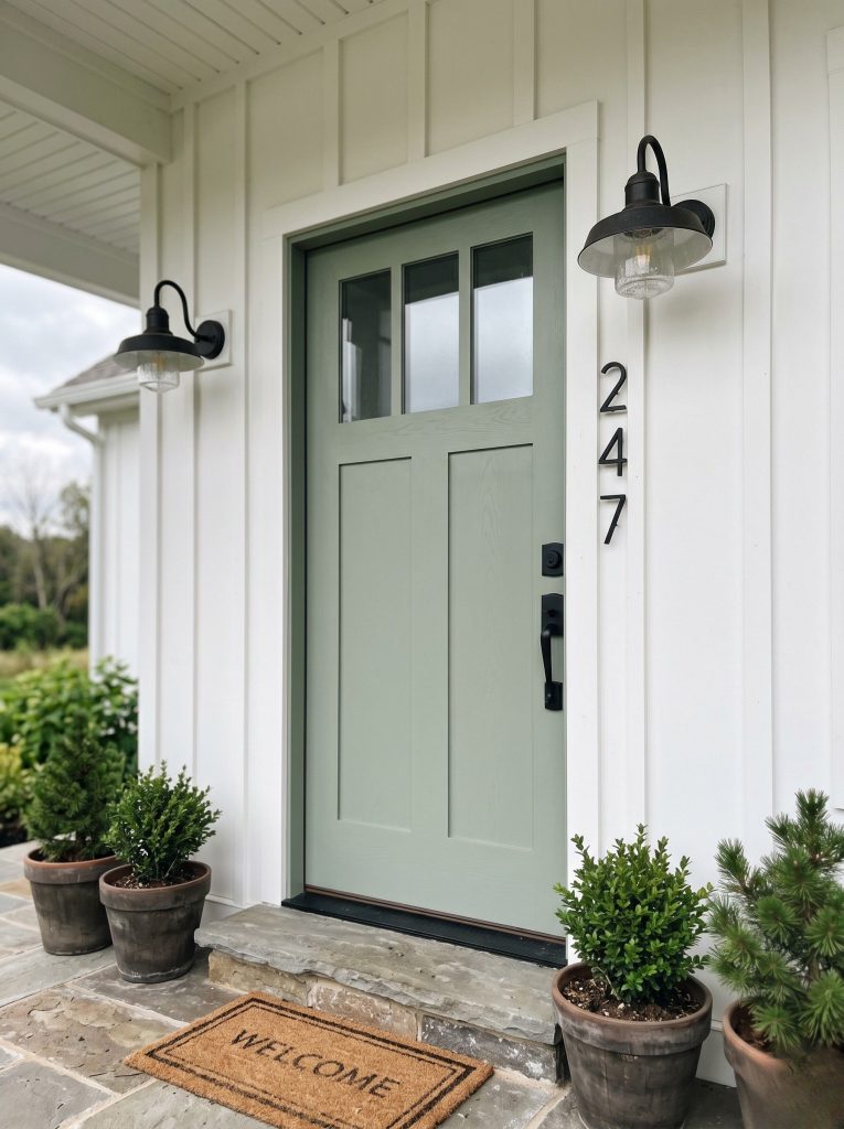 Sage green front door modern farmhouse white siding black hardware