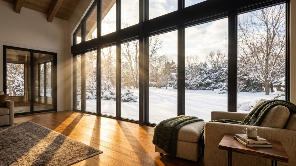 South facing windows large modern farmhouse passive solar winter heating
