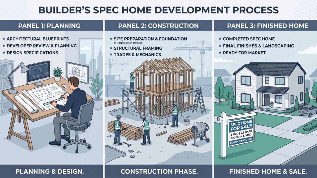 Infographic showing the three stages of spec home construction from builder planning to finished for-sale home