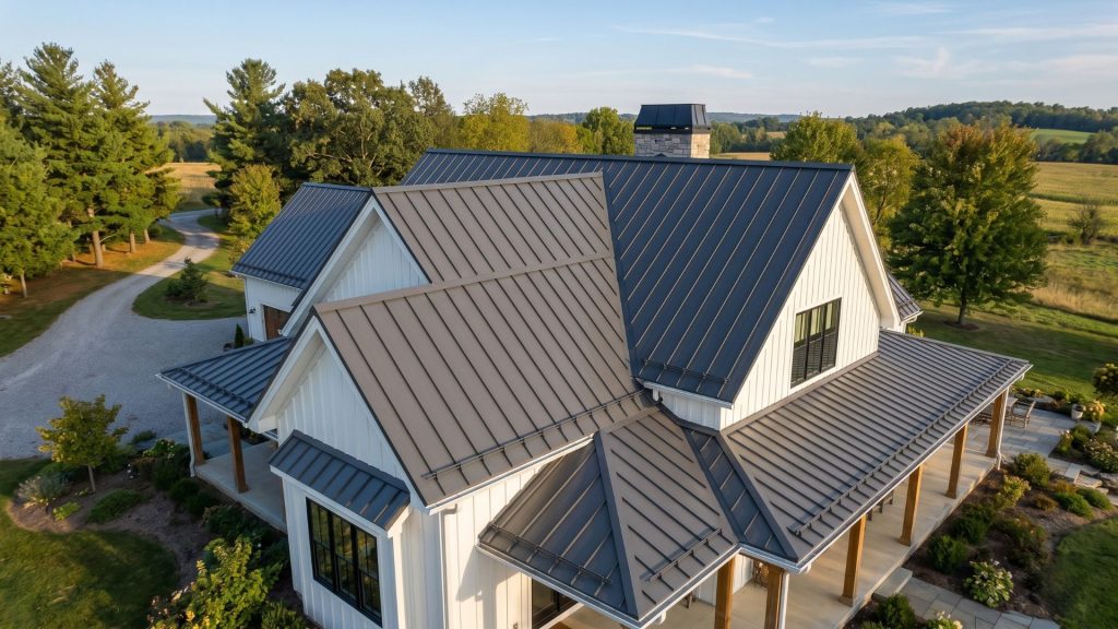 Standing seam metal roof charcoal gray modern farmhouse Minnesota -->