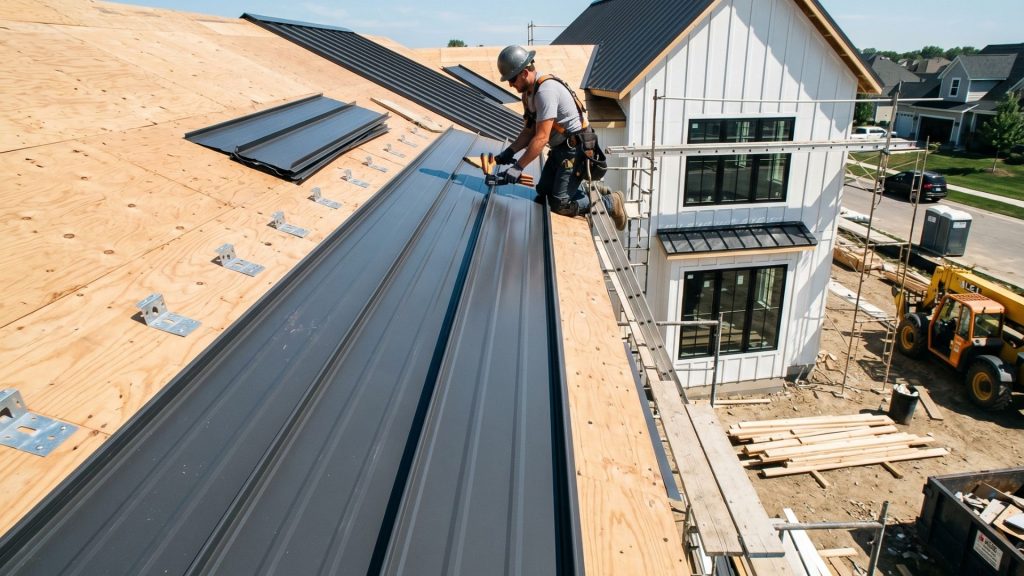 Standing seam metal roof installation charcoal gray modern farmhouse construction