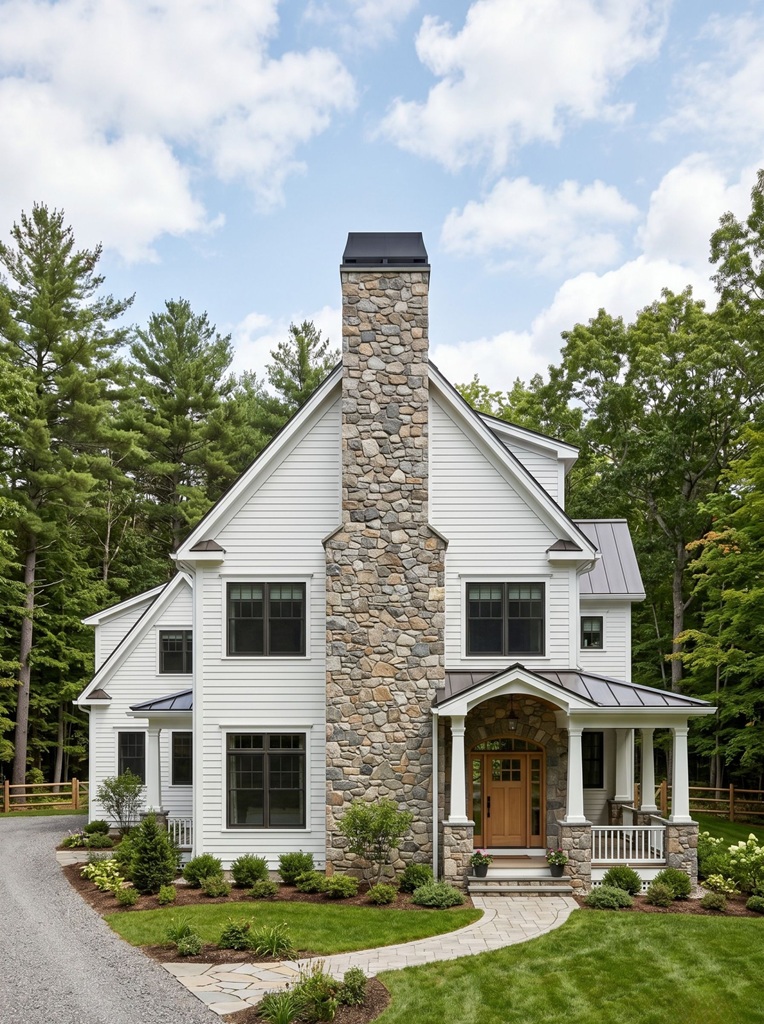 Full height stone chimney exterior modern farmhouse Minnesota field stone