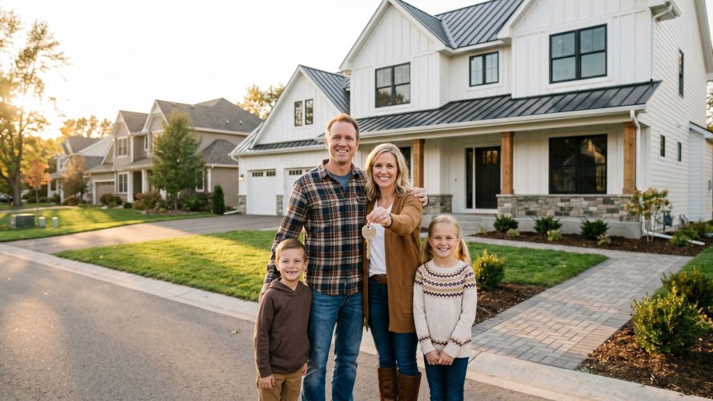 Family receiving keys to their newly built TC Homes custom home in the Twin Cities