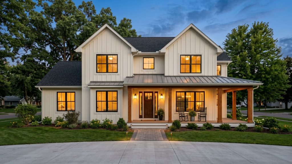 Modern farmhouse exterior with board-and-batten siding and covered porch, custom built in the Twin Cities