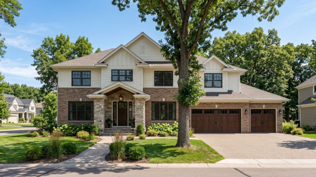 Transitional style custom home exterior in the Twin Cities with brick, stone, and clean architectural lines