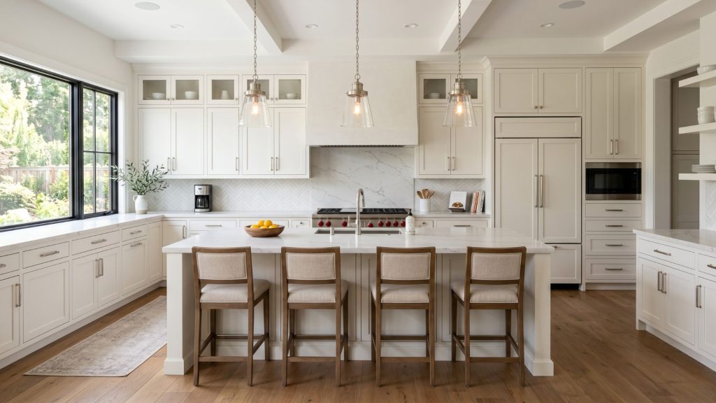 Transitional kitchen design with Shaker cabinets, quartz countertops, and brushed nickel finishes in a custom home