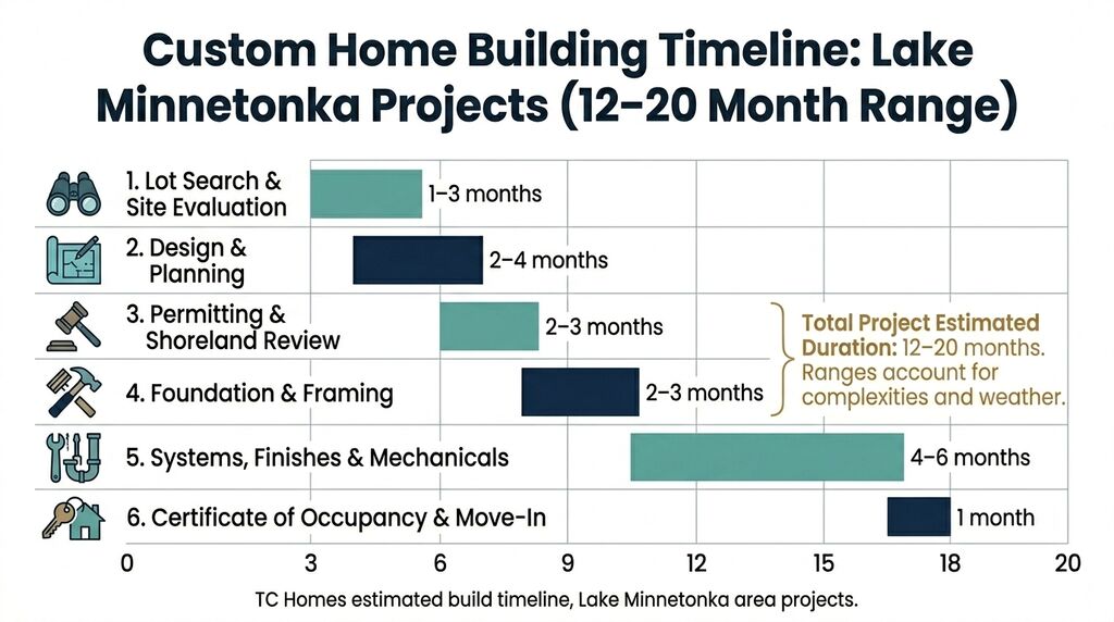 Infographic showing phases and timeline for building a custom home on Lake Minnetonka