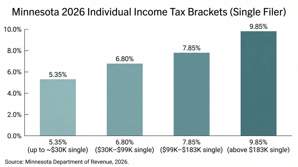 Bar chart showing Minnesota's four 2026 income tax brackets from 5.35 to 9.85 percent