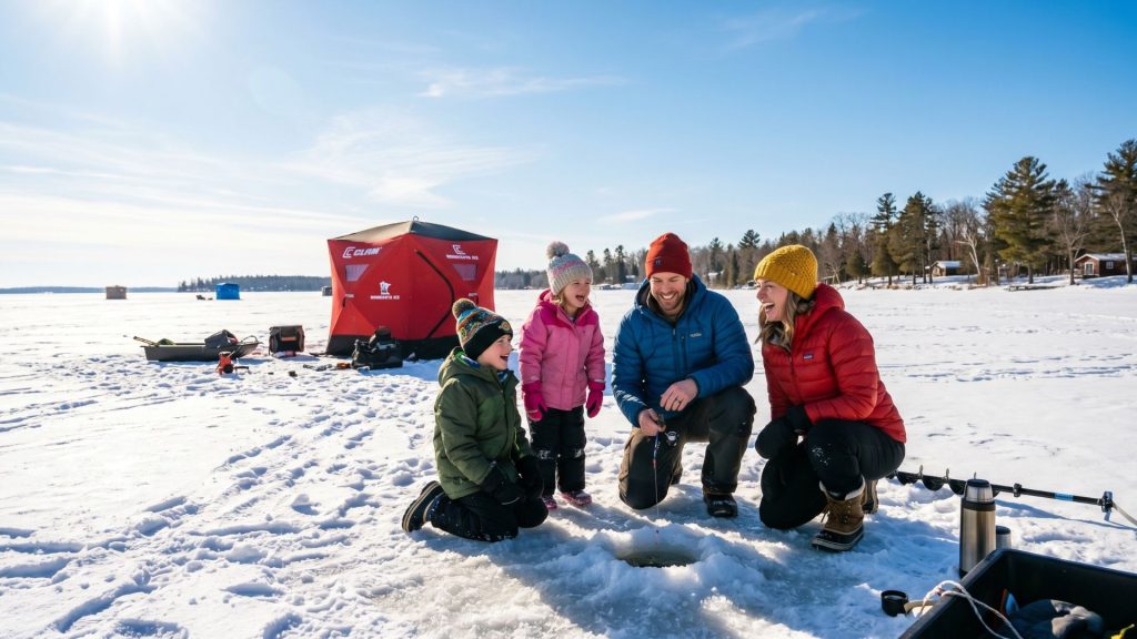 Family ice fishing on a frozen Minnesota lake in winter with clear blue sky