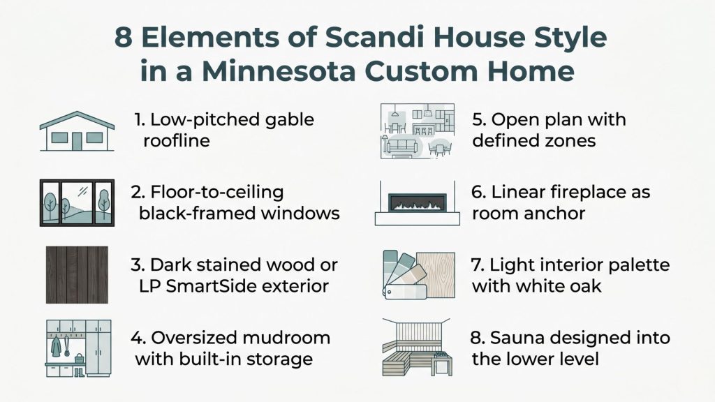 Infographic showing 8 Scandi house style design elements for Minnesota custom homes