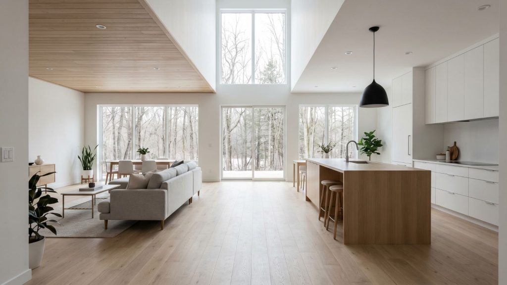 Floor-to-ceiling black-framed windows in Scandi home with Minnesota lake view
