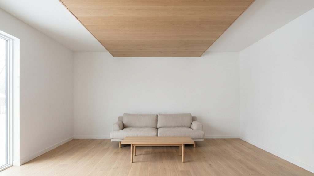 Scandi interior white walls white oak floor natural wood ceiling panel Minnesota home
