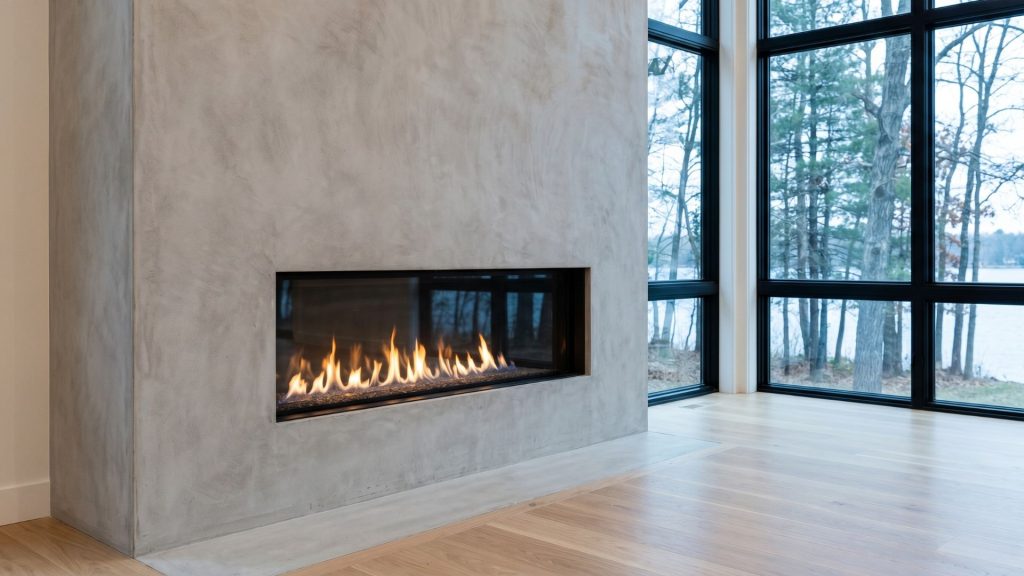 Scandi house style linear gas fireplace with floor-to-ceiling concrete surround Minnesota