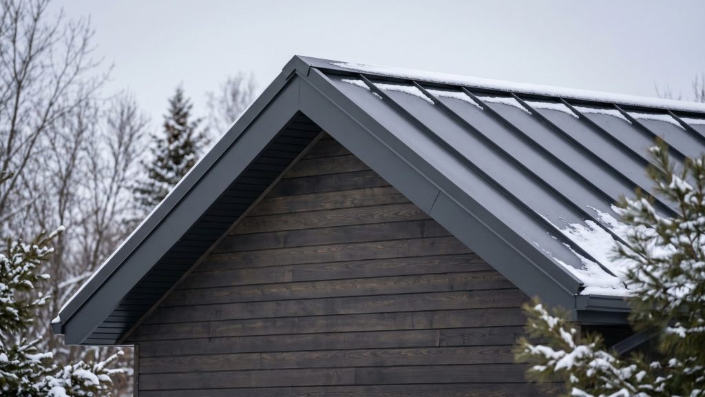 Low-pitched gable roofline on Scandi style custom home in Minnesota winter