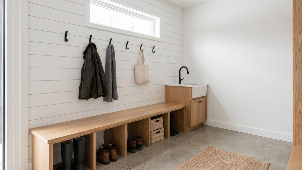 Scandi house style mudroom white walls wood bench black hardware Minnesota custom home