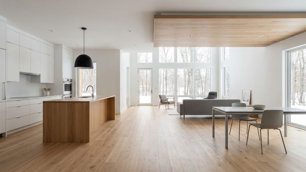 Scandi house style open plan kitchen and living area with white oak floors Minnesota