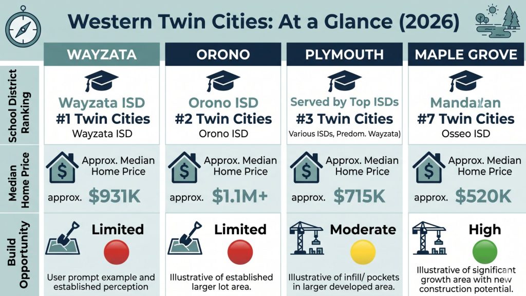Comparison infographic of Twin Cities western suburbs by school rank home price and building opportunity